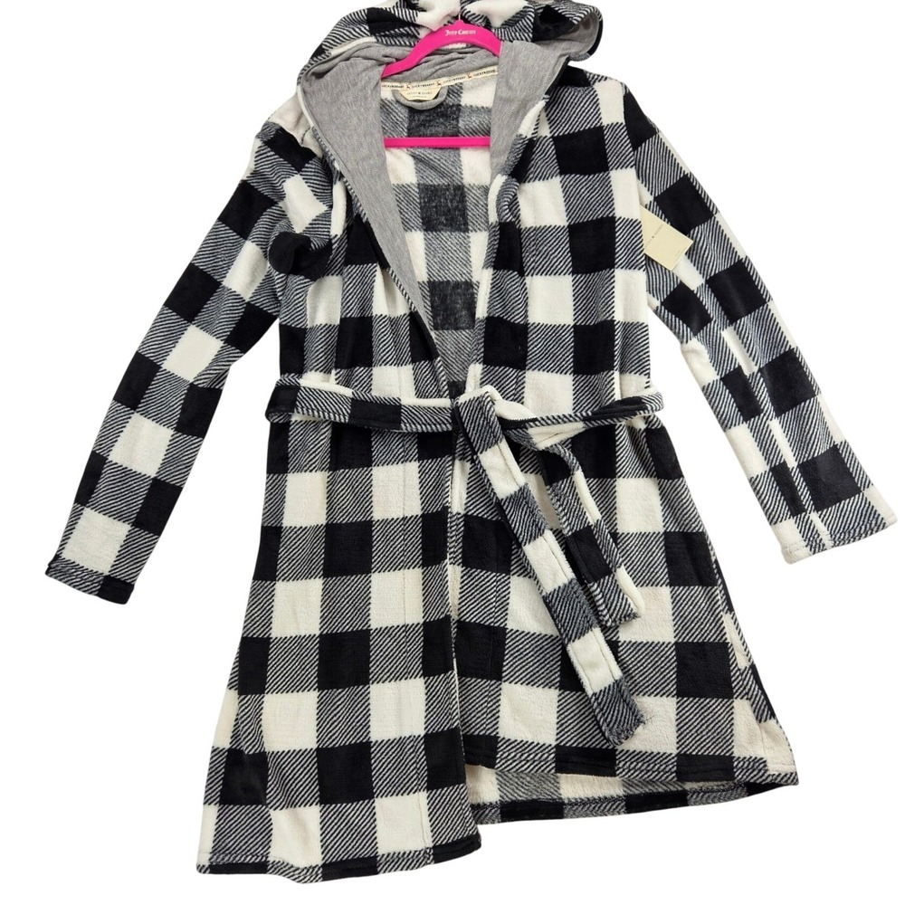 Lucky Brand NWT Black White Plaid Soft House Coat Hood Robe Mini Length S - FLAW